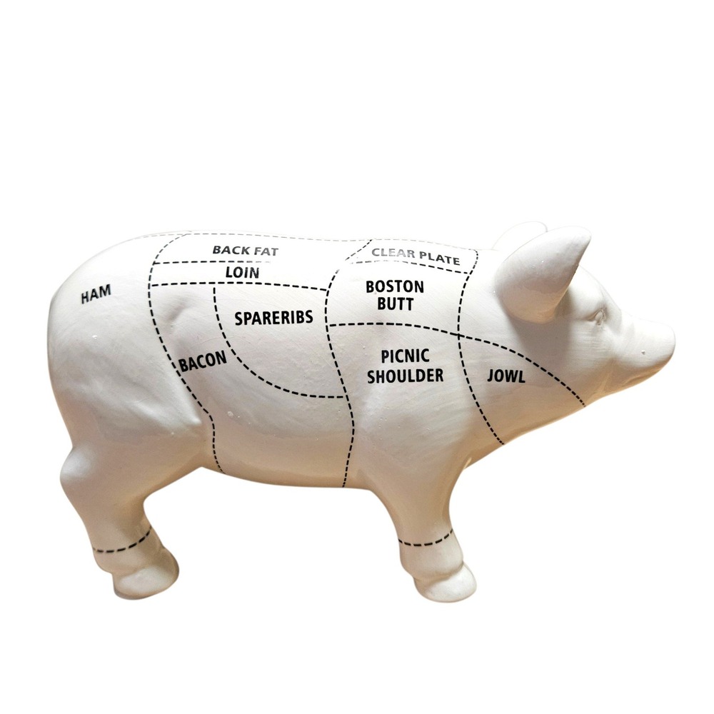 Ceramic Butcher Chart Pig Figurine Farmhouse Kitchen Meat Cuts Decor 8"